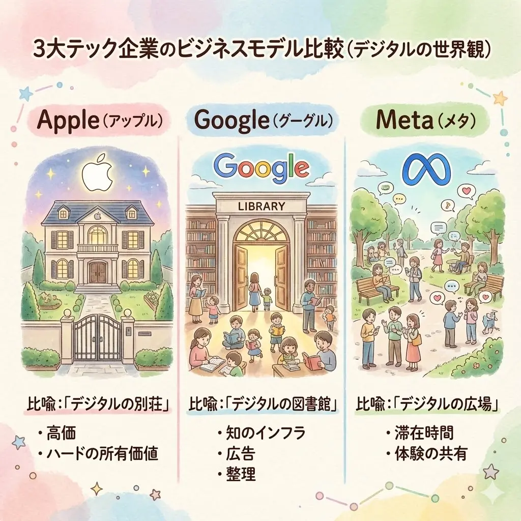 3大テック企業のビジネスモデル比較：Apple（デジタルの別荘）、Google（デジタルの図書館）、Meta（デジタルの広場）の役割を描いた図解